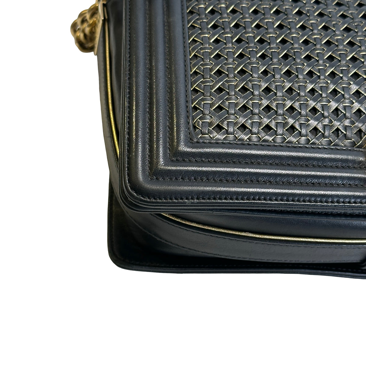 Used CHANEL Woven Leather Boy Chain Shoulder Bag Black Gold