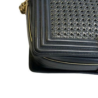 Used CHANEL Woven Leather Boy Chain Shoulder Bag Black Gold