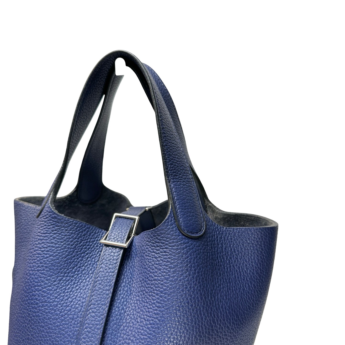 Used HERMES Clemence Leather Picotin 18 Bucket Bag Blue PHW