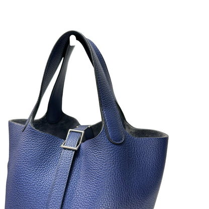 Used HERMES Clemence Leather Picotin 18 Bucket Bag Blue PHW
