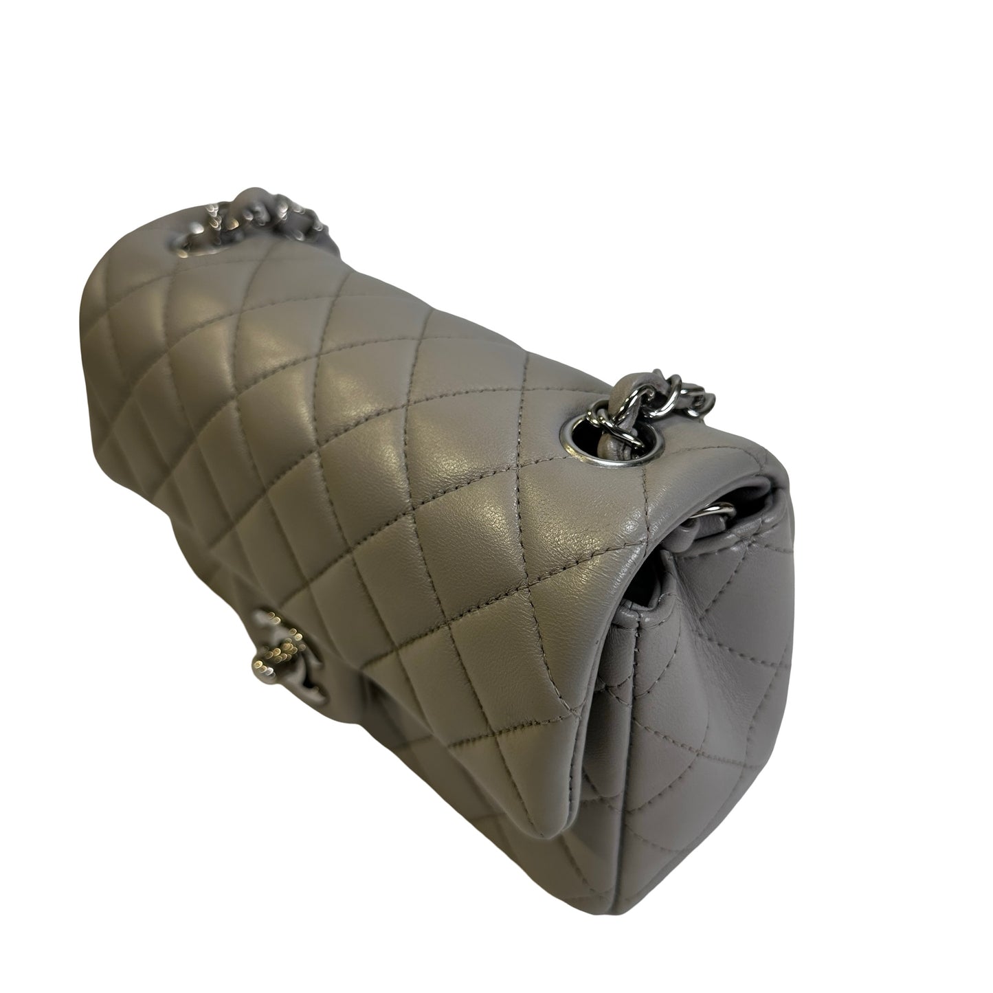 Used CHANEL Quilted Lambskin Mini Rectangular Flap Bag Shoulder Bag Grey Silver Hardware