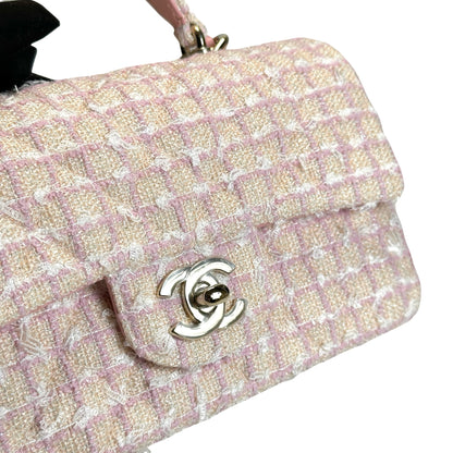 Used CHANEL Tweed Quilted Mini Flap Bag with Top Handle Handbag Pink White