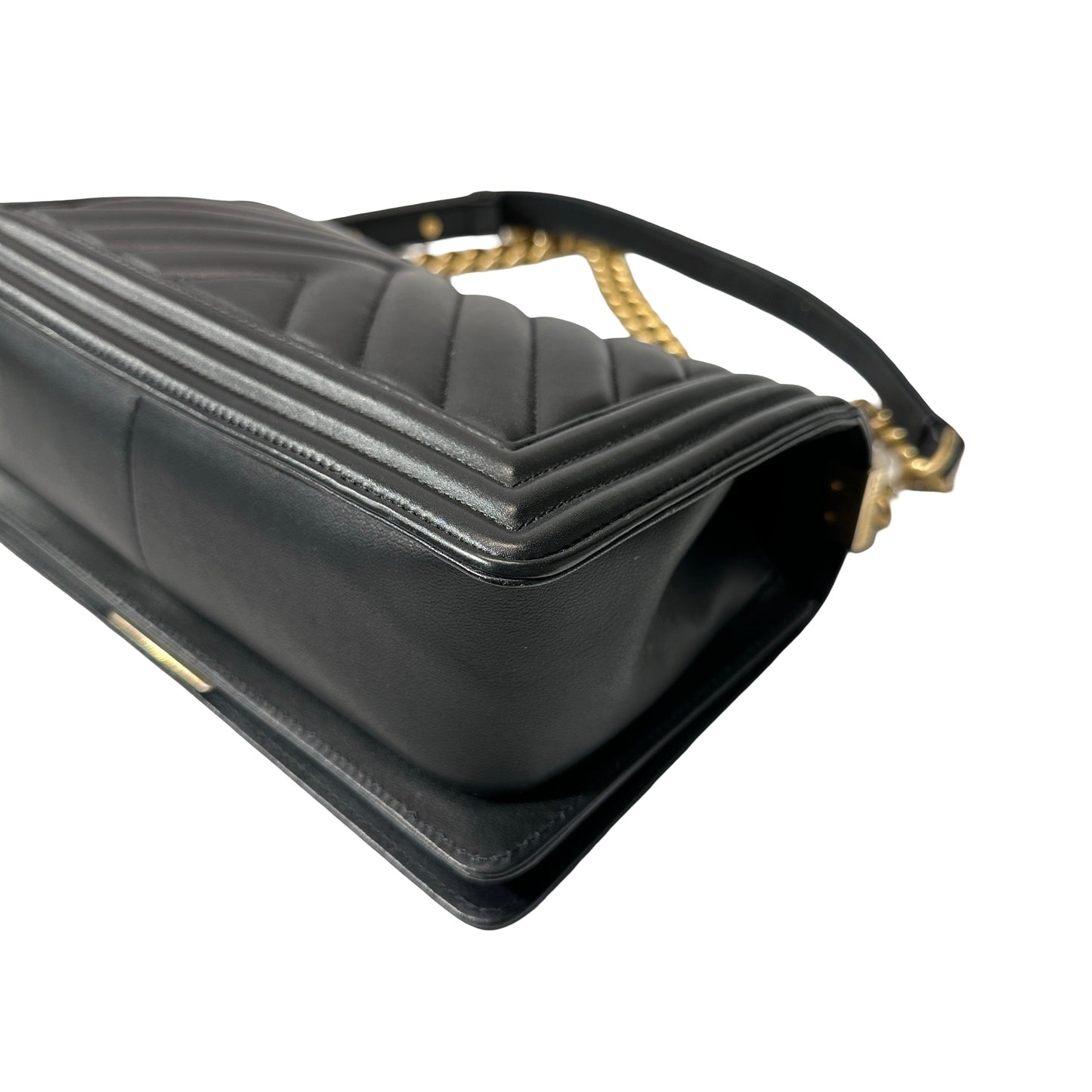 Used Chanel Lambskin Leather Boy 25 Shoulder Bag Black GHW