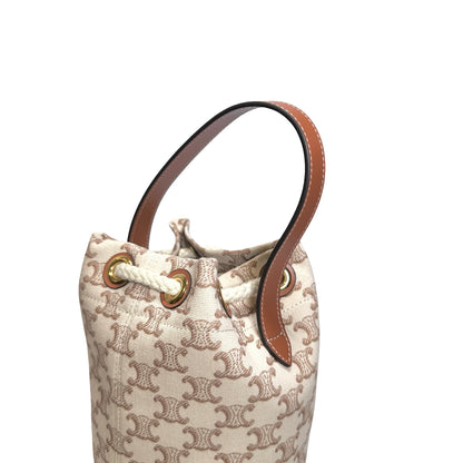 Used CELINE Triomphe Canvas Calfskin Teen Triomphe Drawstring Drawstring Bag Beige Brown GHW