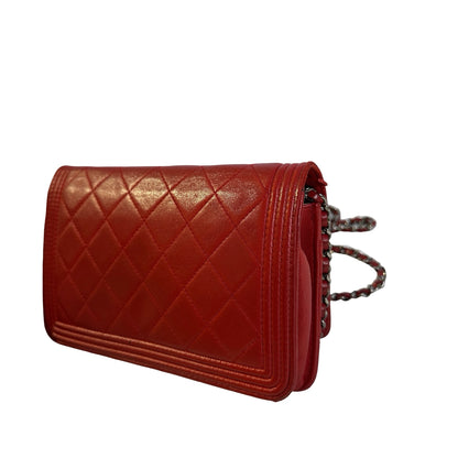 Used CHANEL Quilted Lambskin Boy Wallet on chain Red