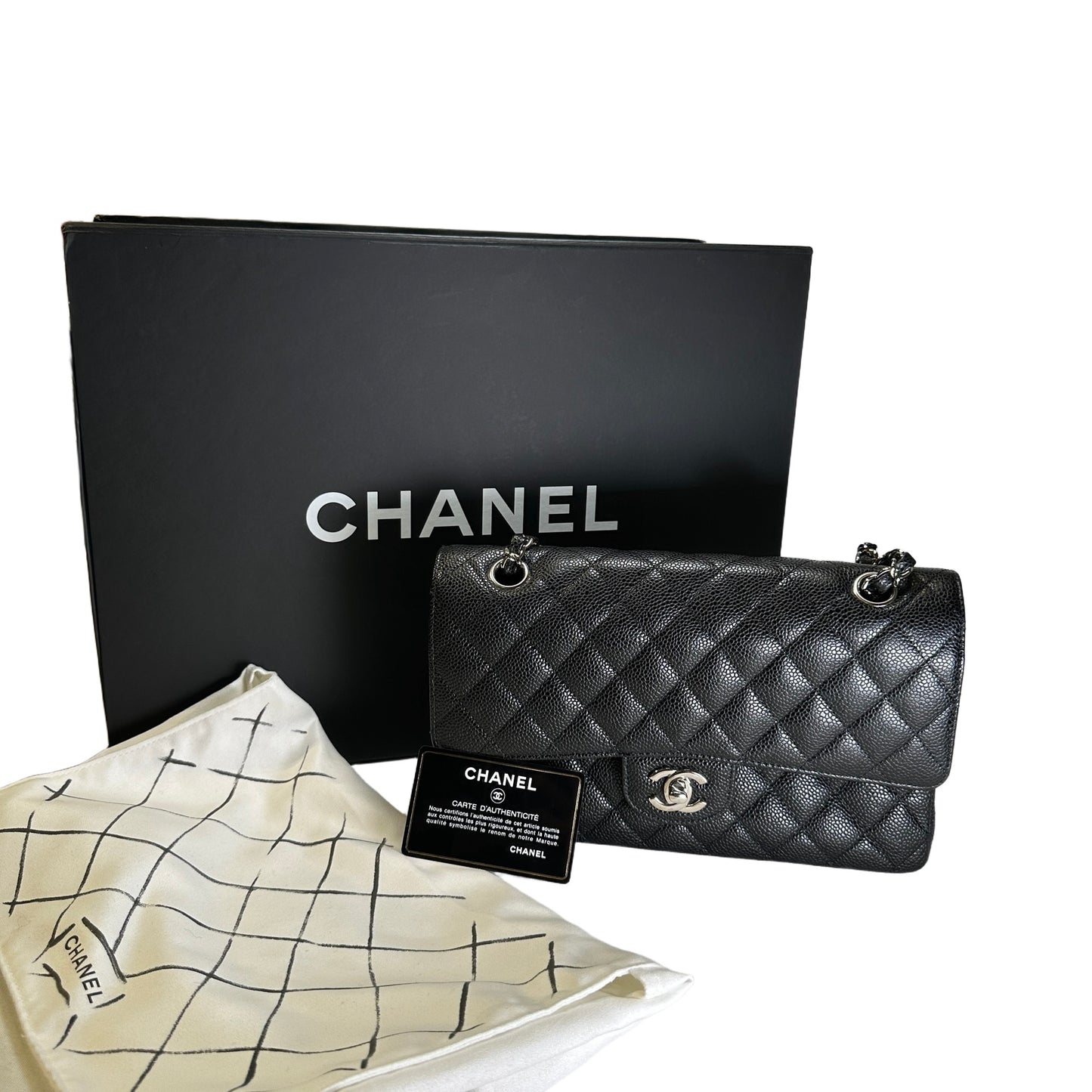 Used CHANEL Caviar Quilted Classic Flap Shoulder Bag Black Silver