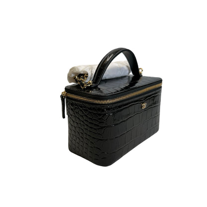 Brand New CHANEL Croc-embossed Vanity case Vanity case Black Gold hardware