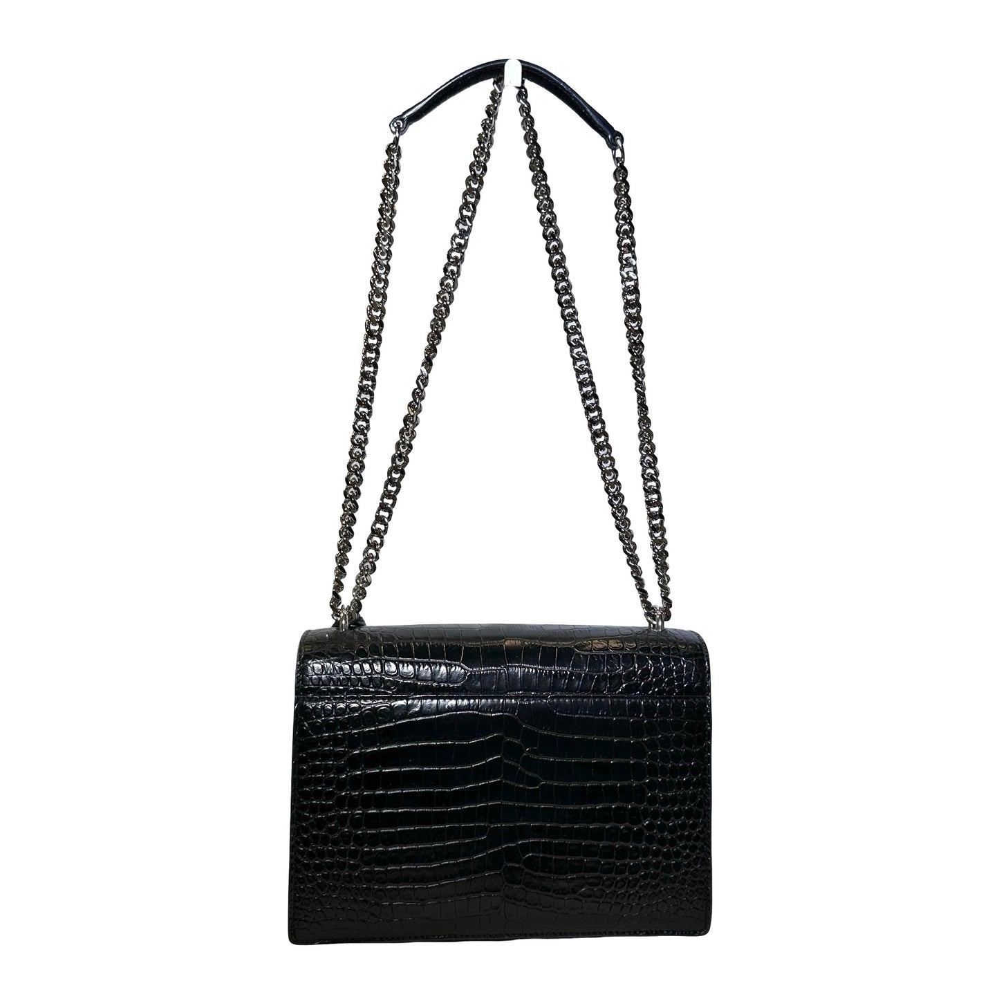SAINT LAURENT Crocodile Embossed Leather Sunset Chain Shoulder Bag Black PHW