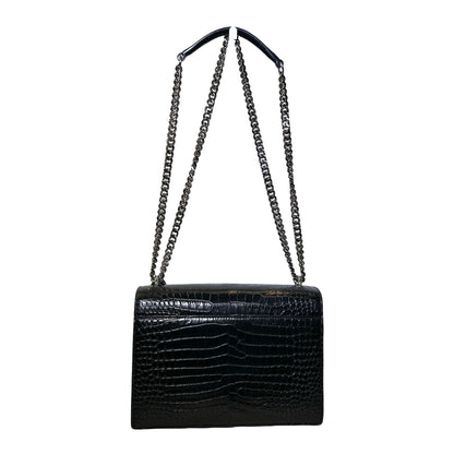 SAINT LAURENT Crocodile Embossed Leather Sunset Chain Shoulder Bag Black PHW