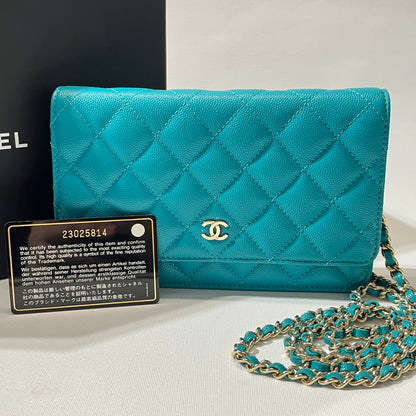Used CHANEL Calfskin Leather WOC Cross Body Bag Green GHW
