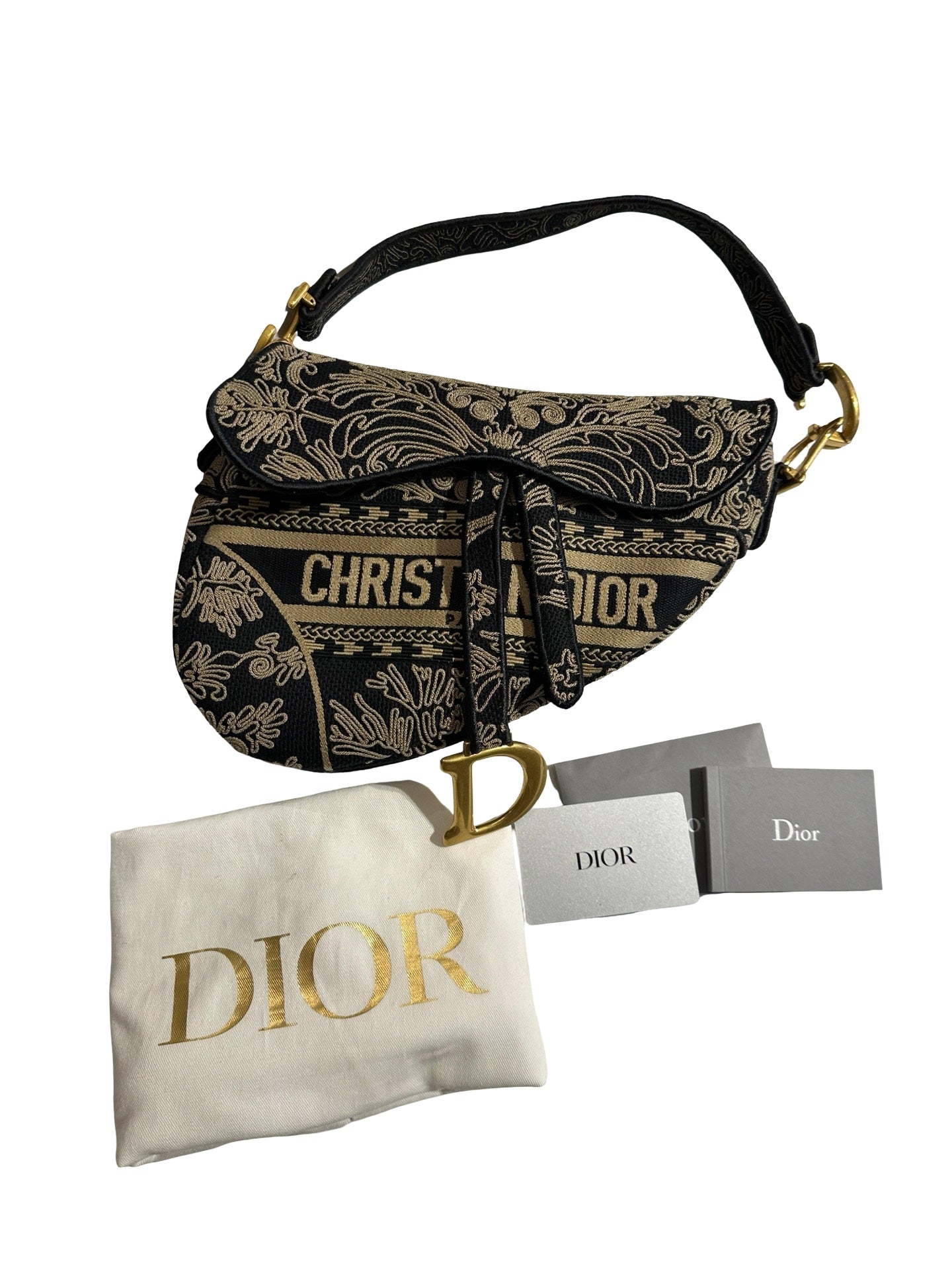 Used DIOR Embroidered Canvas Floral Stripes Saddle Saddle Bag Black Beige GHW