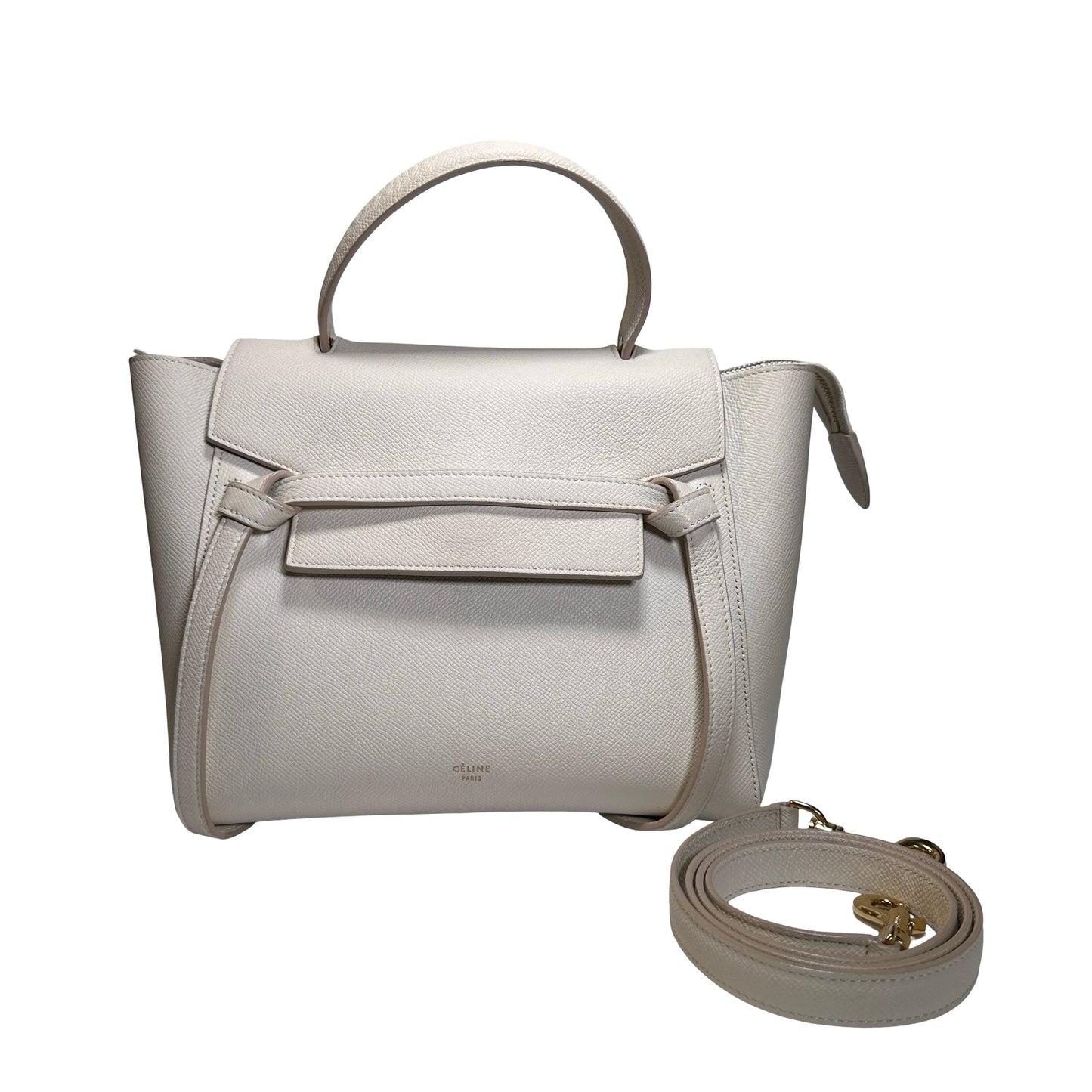 Used CELINE Grained Calfskin Belt Bag Handbag White GHW