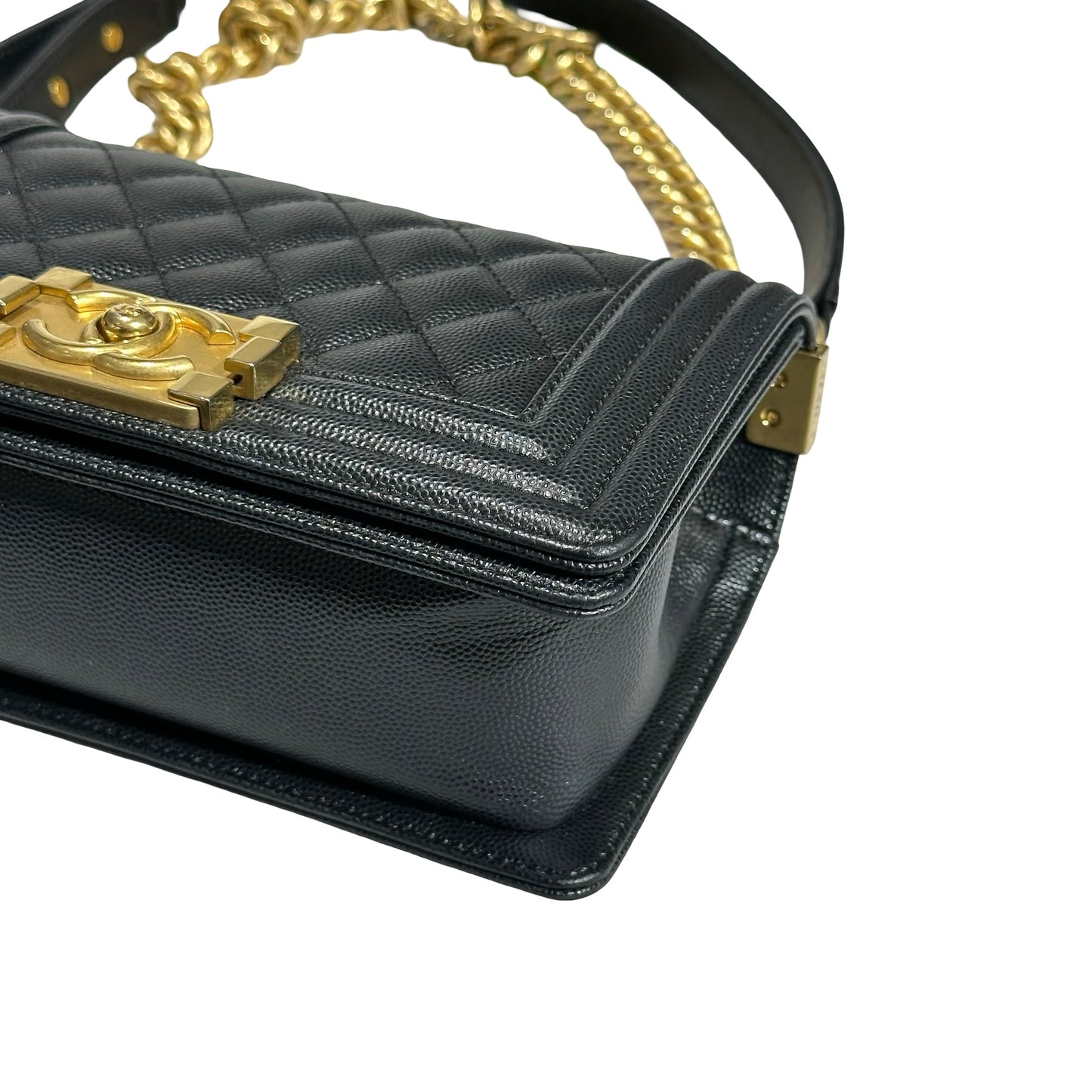 Used CHANEL Caviar Leather Boy 20cm Chain Shoulder Bag Black GHW