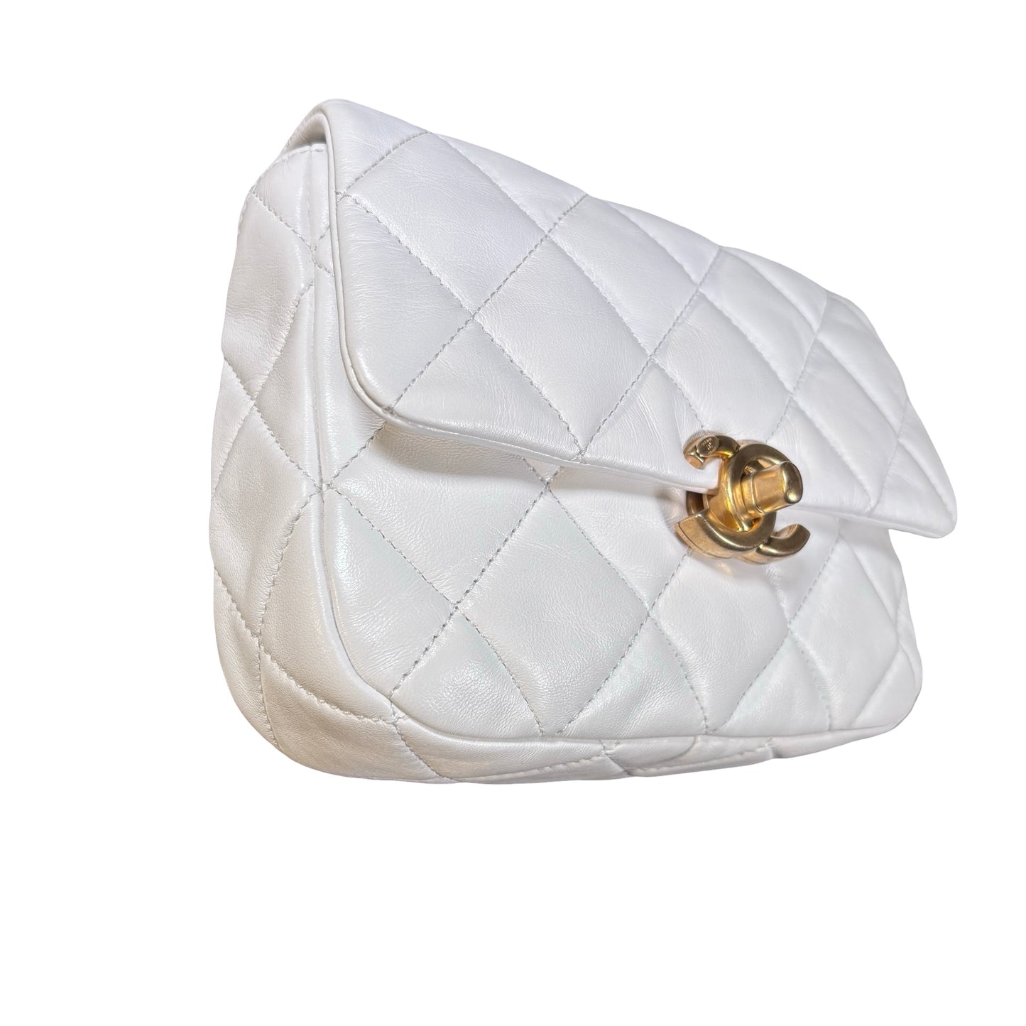 Used CHANEL Calfskin Leather Flap Cross Body Bag White GHW
