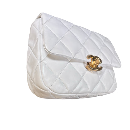Used CHANEL Calfskin Leather Flap Cross Body Bag White GHW