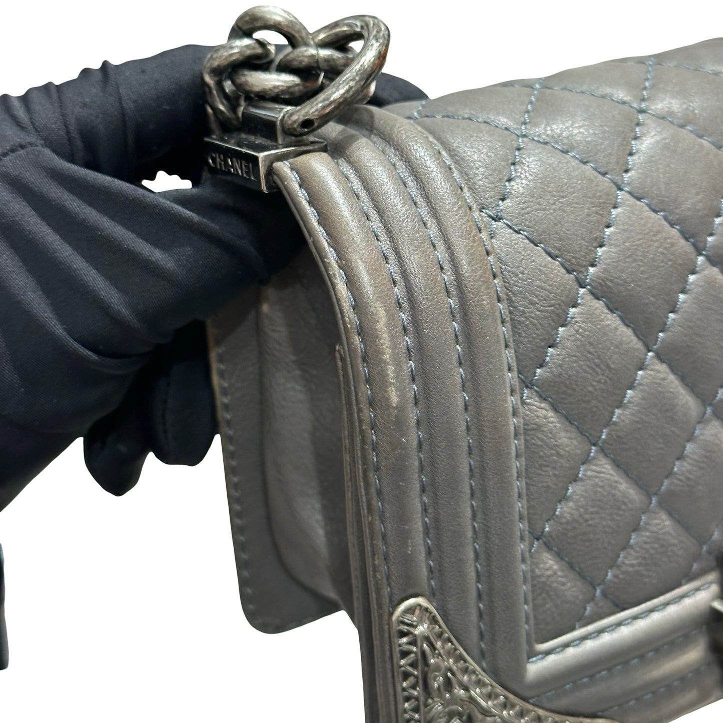 Used CHANEL Boy 20cm Cross Body Bag Grey PHW