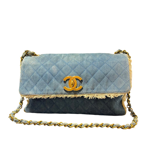 Used CHANEL Denim Matelasse Single Flap Chain Shoulder Bag Light Blue GHW