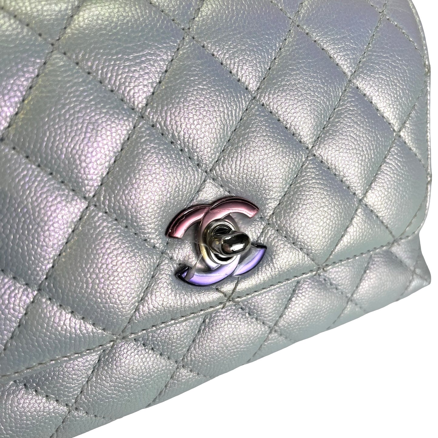 Used CHANEL Quilted Caviar Coco Handle Cross body bag Iridescent Silver Light Blue