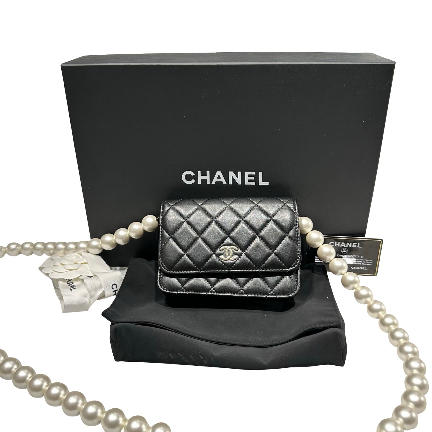 Used CHANEL WOC with PEARL Cross Body Bag Black GHW