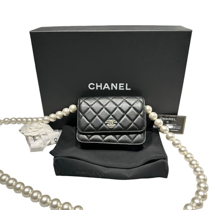 Used CHANEL WOC with PEARL Cross Body Bag Black GHW