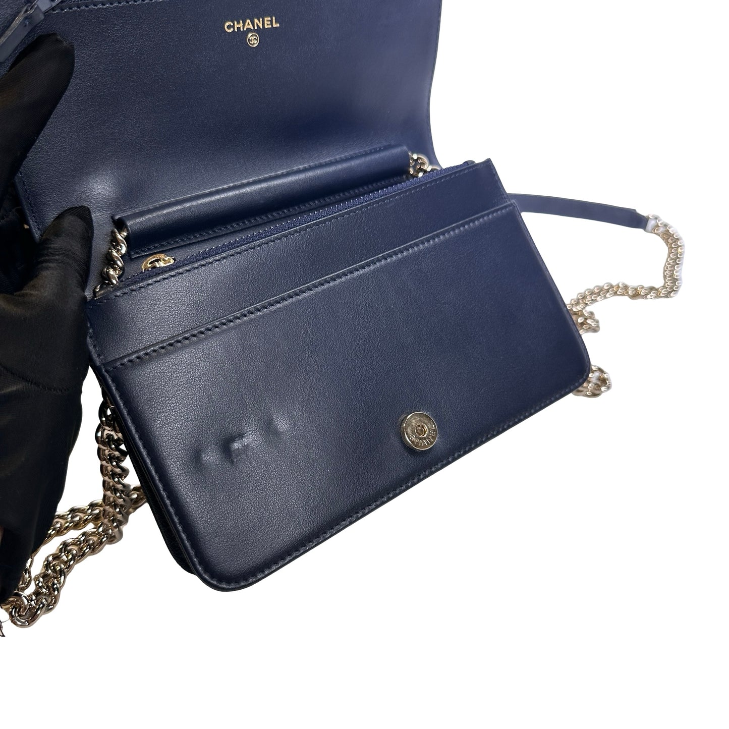 Used CHANEL Quilted BOY CHANEL WALLET ON CHAIN Wallet on chain Navy GHW