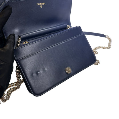 Used CHANEL Quilted BOY CHANEL WALLET ON CHAIN Wallet on chain Navy GHW