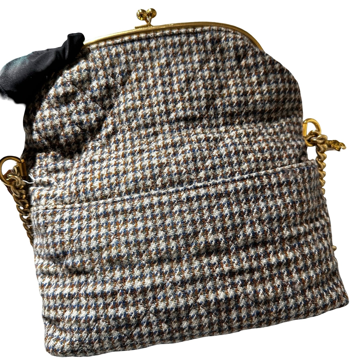 Used CHANEL Houndstooth Tweed Tabatiere Kiss Lock Chain Shoulder Bag Brown Blue Grey GHW