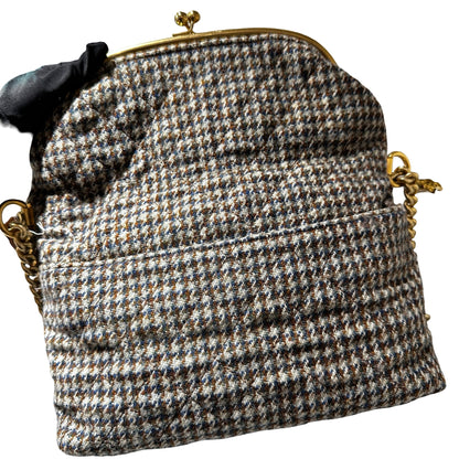 Used CHANEL Houndstooth Tweed Tabatiere Kiss Lock Chain Shoulder Bag Brown Blue Grey GHW