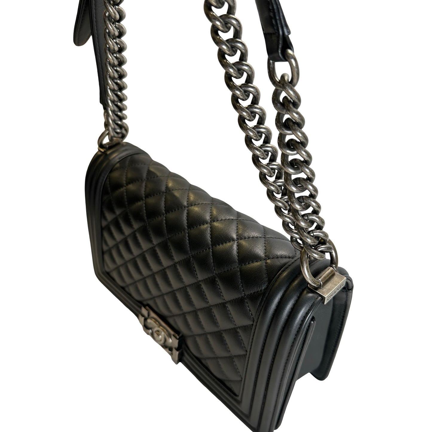 Used CHANEL Matelasse Lambskin Boy Chain shoulder bag Black Silver