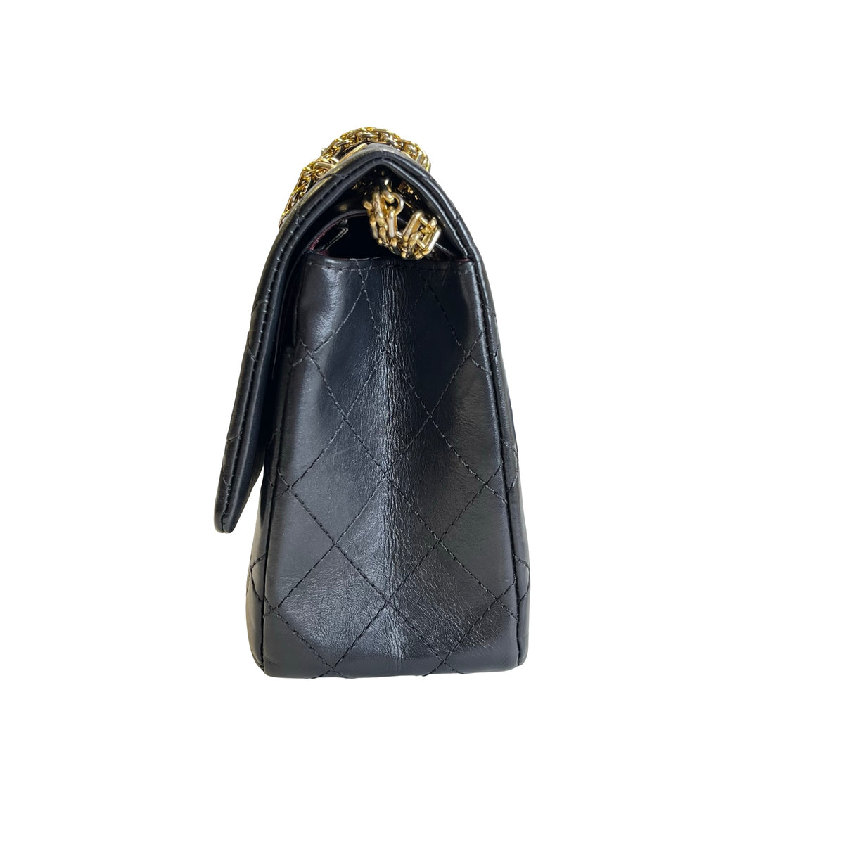 Used CHANEL Calfskin 2.55 Medium 28 Chain Shoulder Bag Black Gold