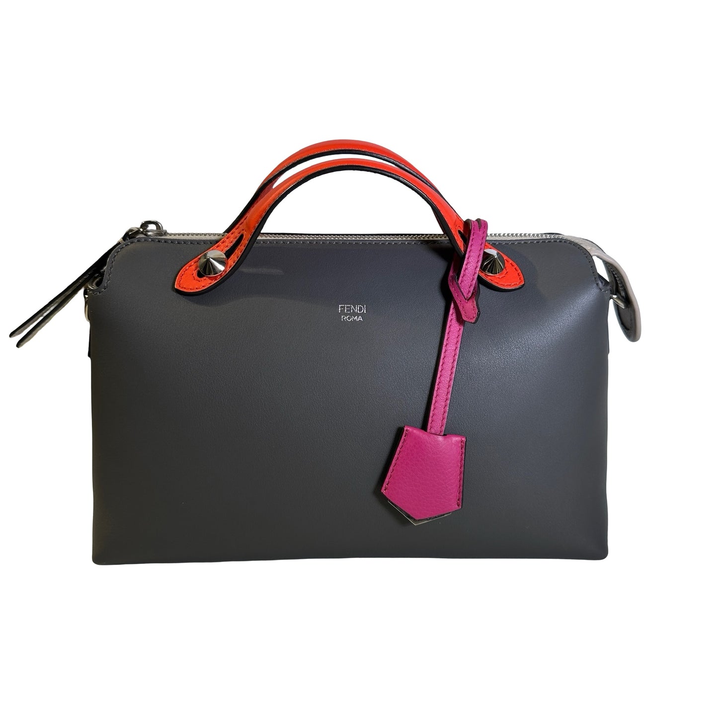 Used FENDI Leather By The Way Handbag Grey Orange Pink