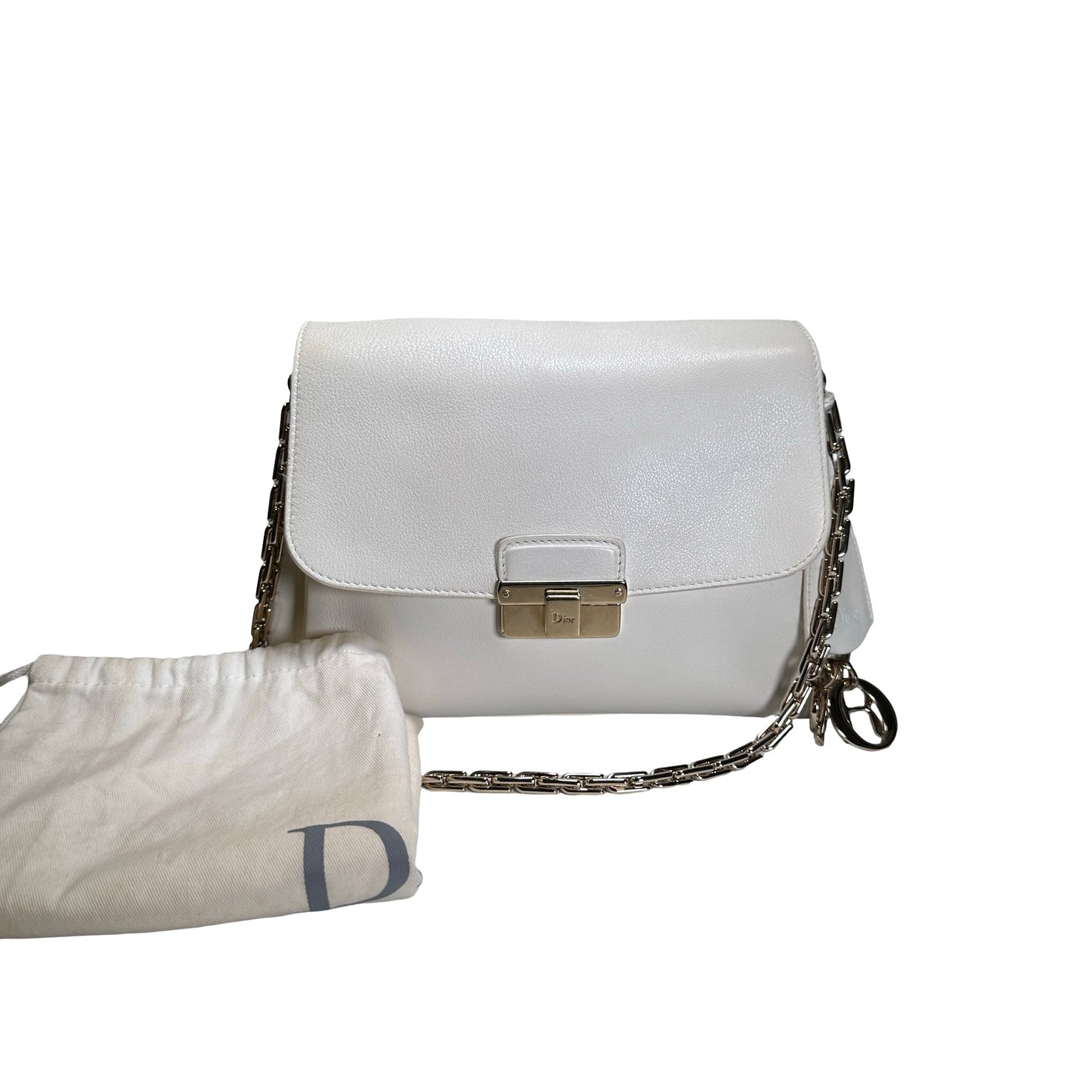 Used CHRISTIAN DIOR Leather Miss Dior Promenade Pouch Chain Shoulder Bag White GHW