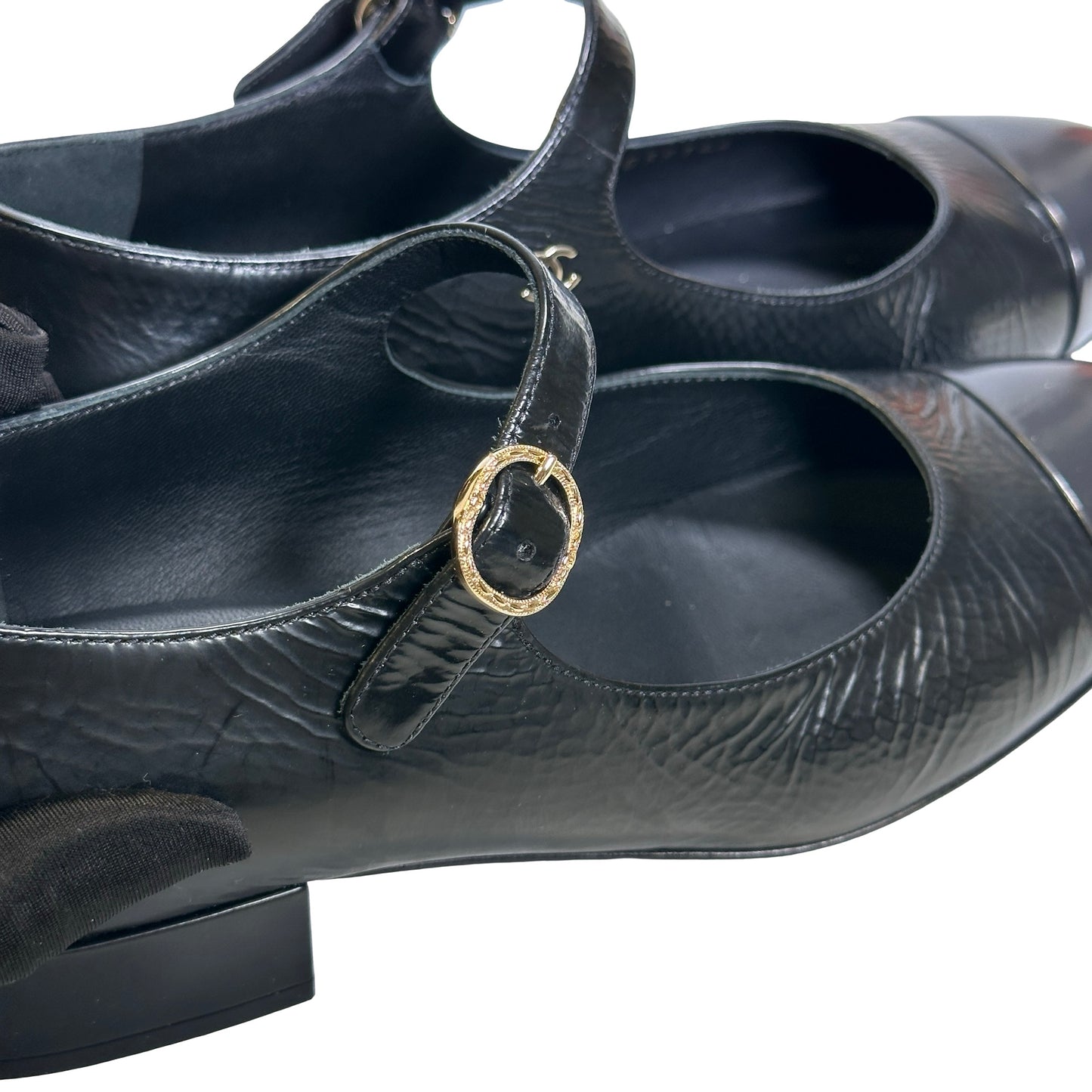 Used CHANEL Crinkled Calfskin Patent Calfskin Mary Jane Pumps Shoes Black GHW
