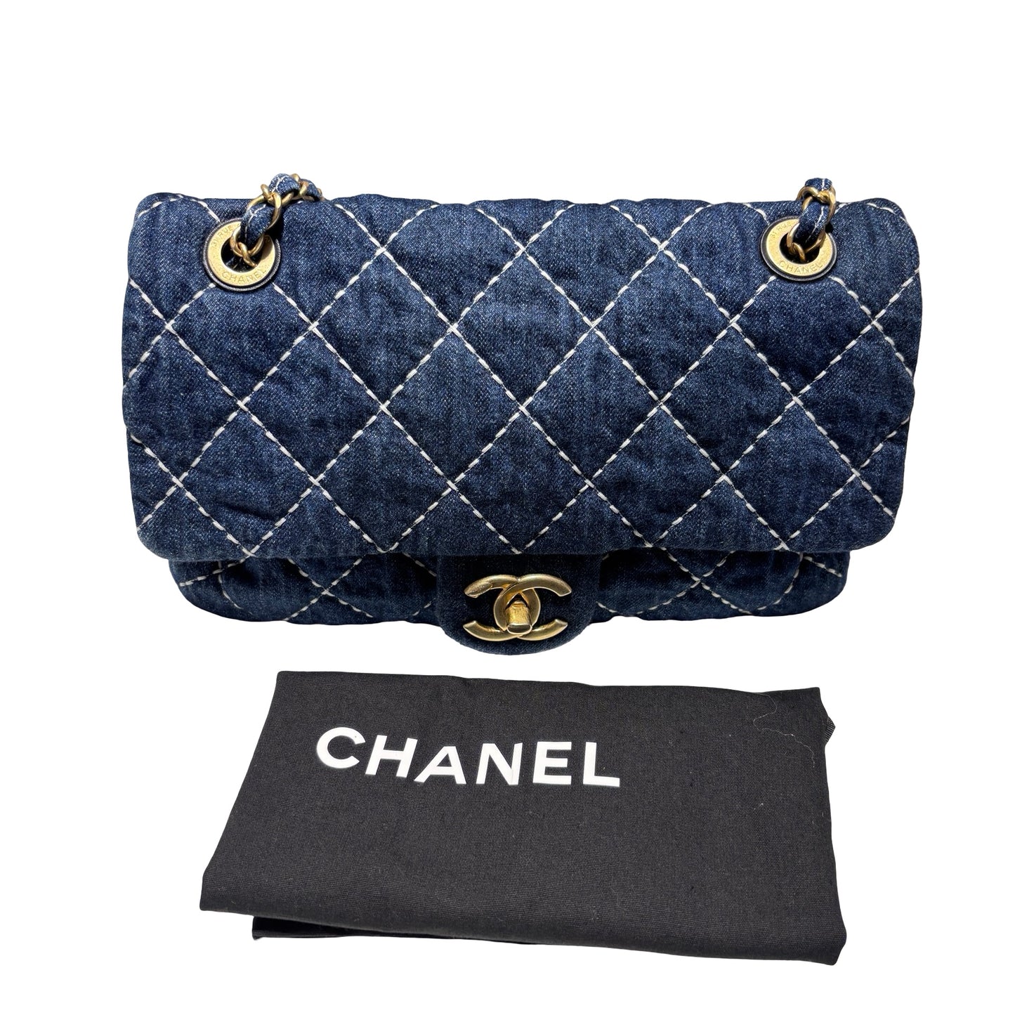 Used CHANEL Denim Classic Flap Medium Chain Shoulder Bag Navy Blue GHW