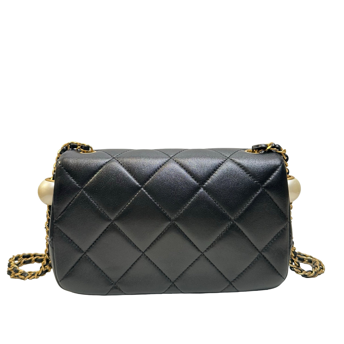 Used CHANEL Quilted Lambskin Mini Flap Bag with Pearl Crush Chain Shoulder Bag Black Gold hardware