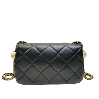 Used CHANEL Quilted Lambskin Mini Flap Bag with Pearl Crush Chain Shoulder Bag Black Gold hardware