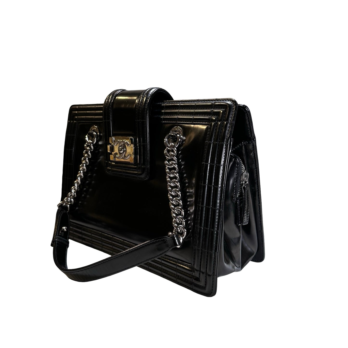 Used CHANEL Patent Leather Boy Shopping Tote Tote Bag Black PHW