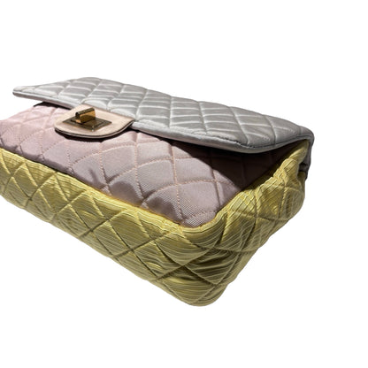 Used CHANEL Satin Reissue 2.55 Chain Shoulder Bag Grey Pink Yellow GHW