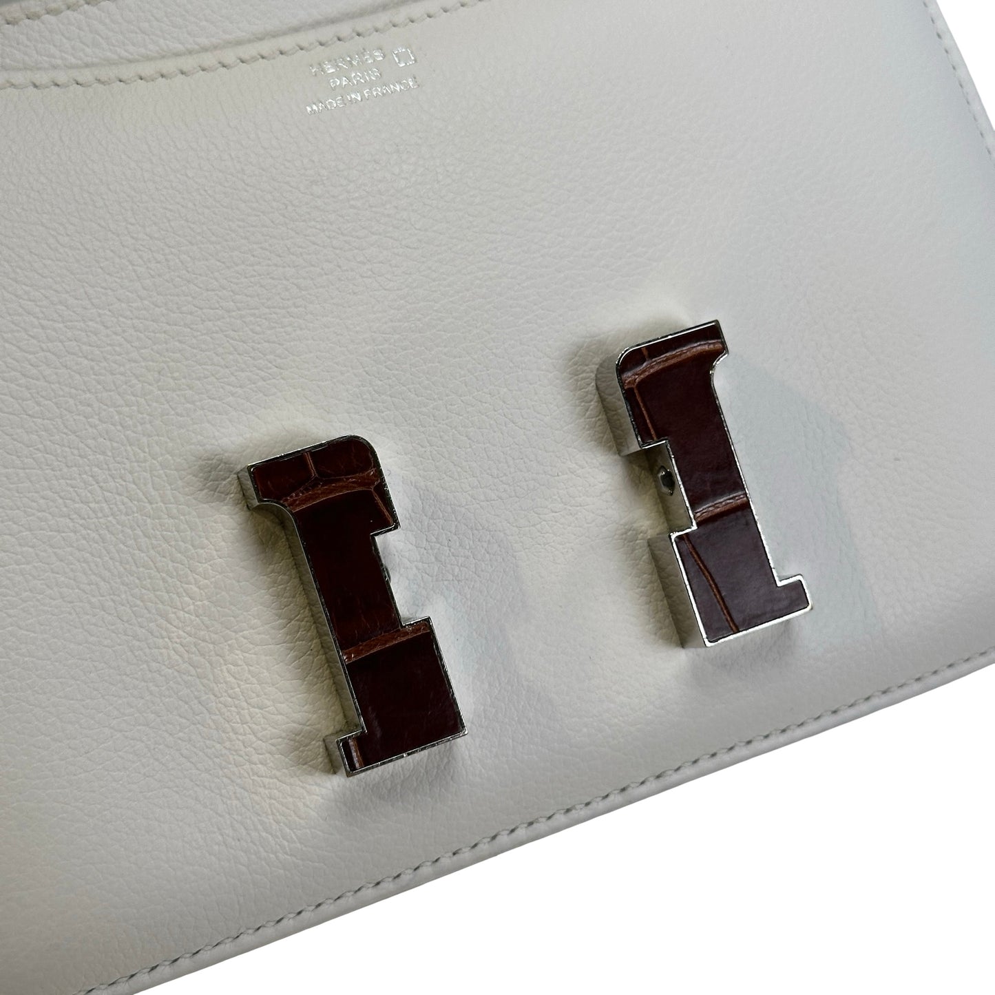 Used HERMES Leather Crocodile Mini Constance Cross body bag White Brown Silver