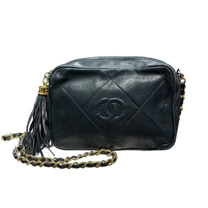 Used CHANEL Lambskin Leather Vintage Chain Bag Chain Shoulder Bag Black