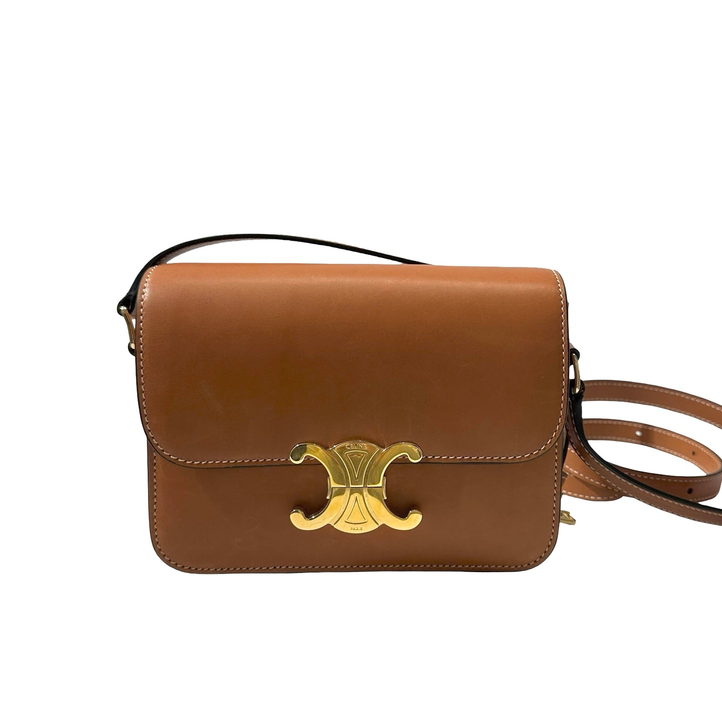 Used Céline Calfskin Leather Triomphe Shoulder Bag GHW Brown