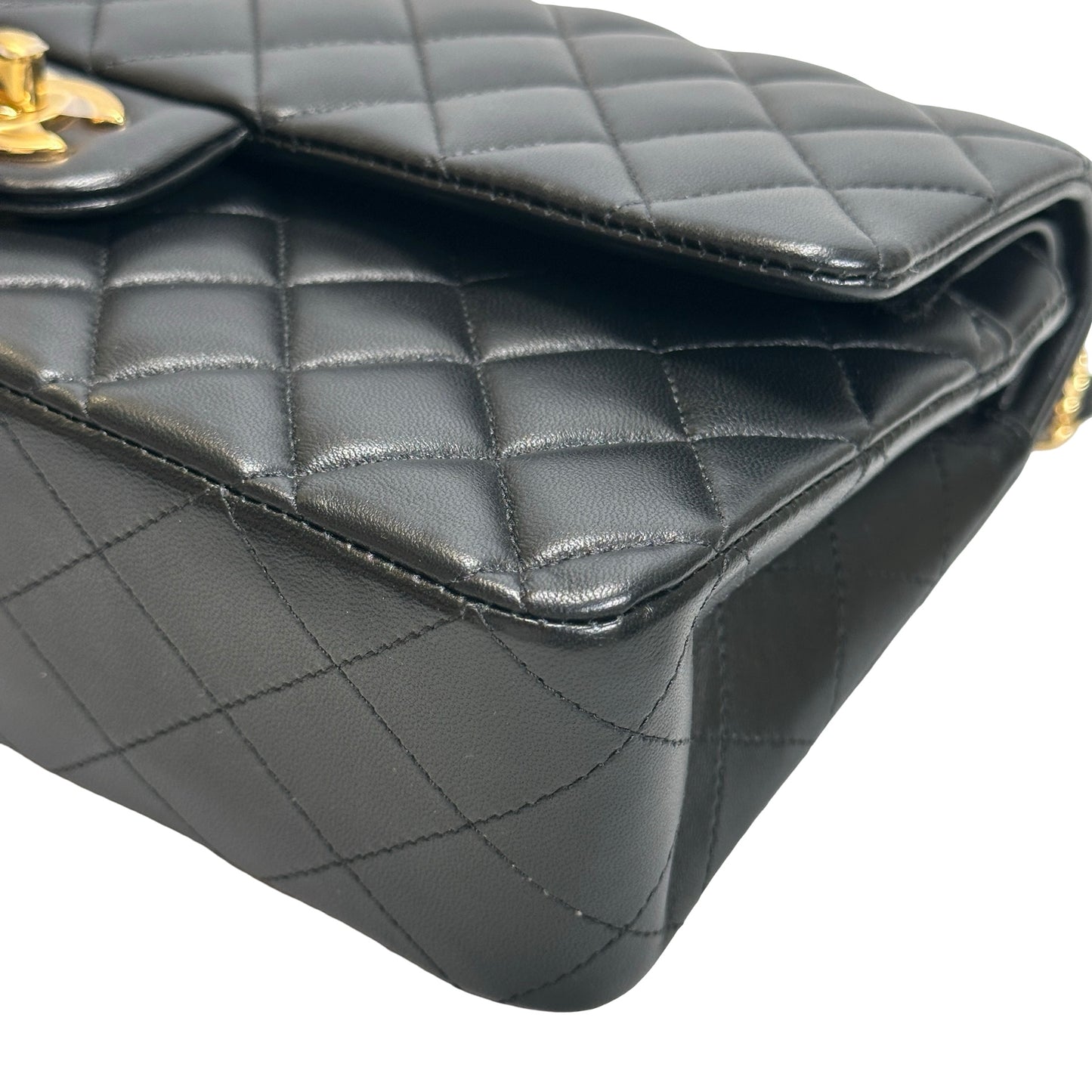 Used CHANEL Quilted Lambskin Classic Flap 25 Chain Shoulder Bag Black Gold