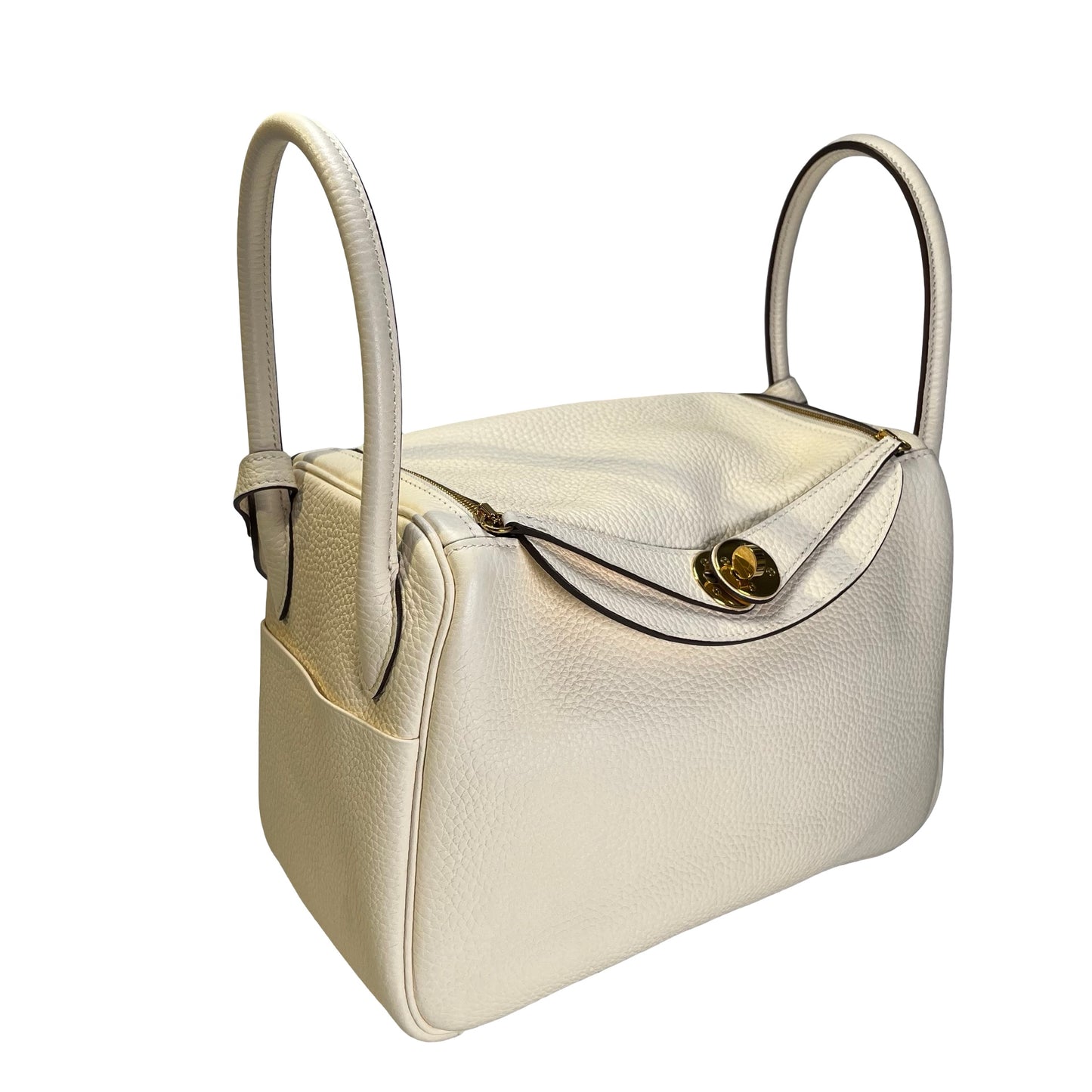 Used HERMES Leather Clemence Lindy Handbag Cream Off-White