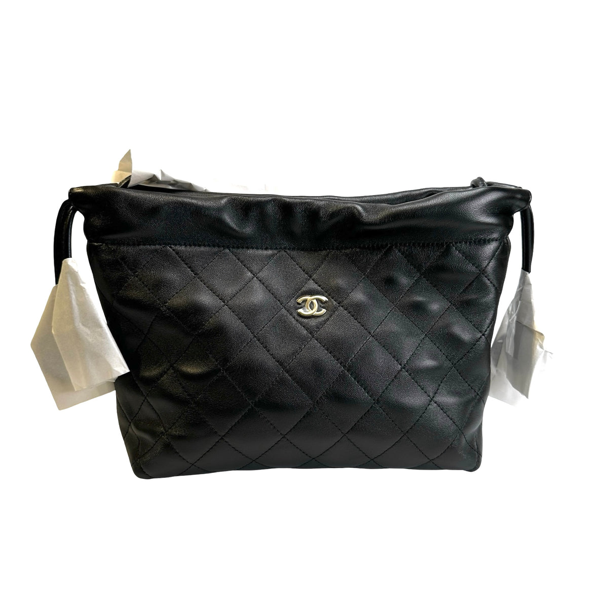 Brand New CHANEL Quilted Leather Bucket Bag Handbag Black Gold