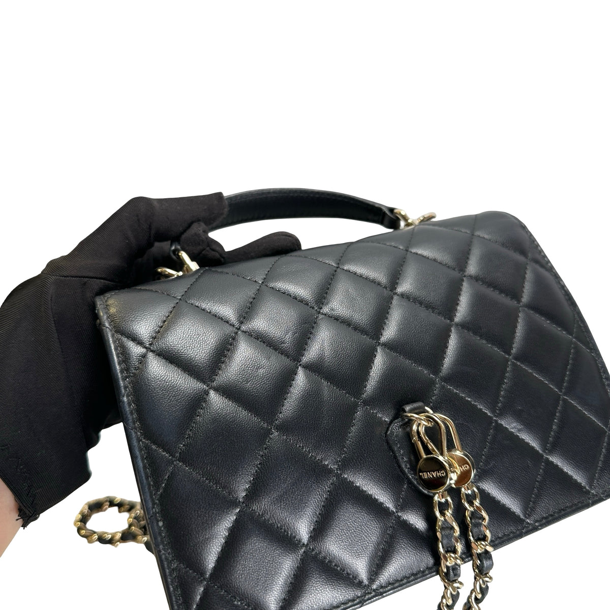 Used CHANEL Quilted Lambskin Trend CC Handbag Black Gold