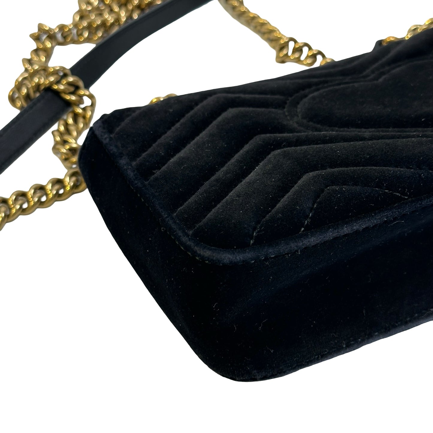 Used GUCCI Chevron Velvet GG Marmont Shoulder Bag Black