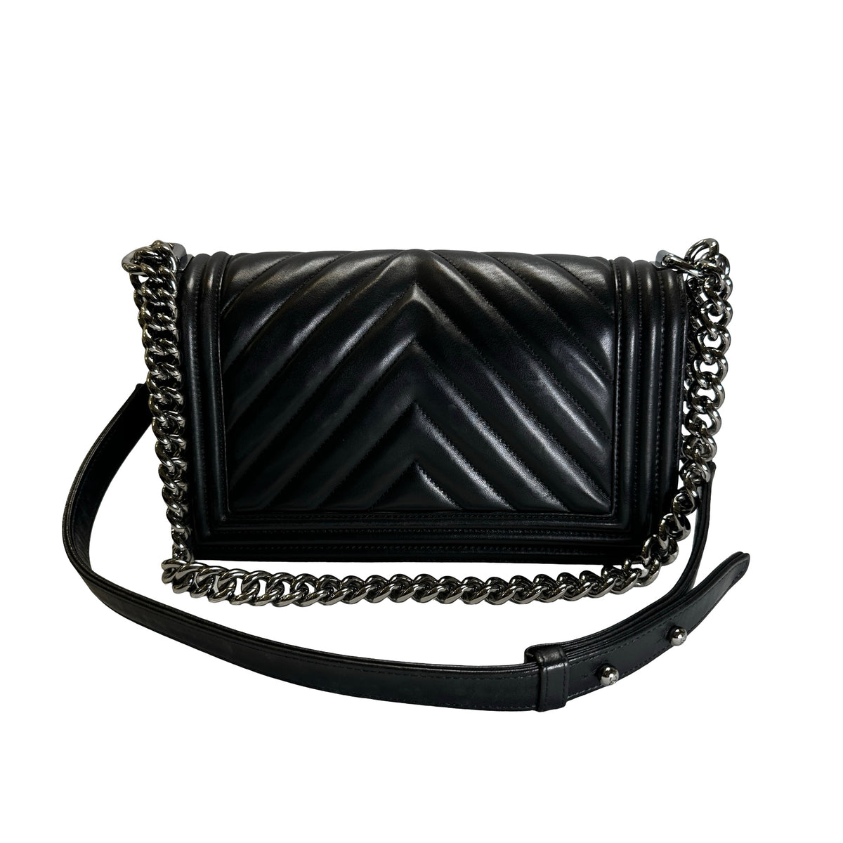 Used CHANEL Chevron Leather Boy Chanel Shoulder Bag Black Silver