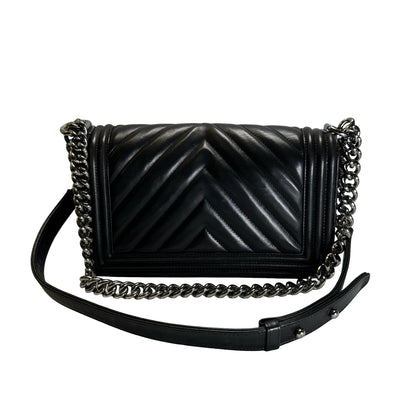 Used CHANEL Chevron Leather Boy Chanel Shoulder Bag Black Silver