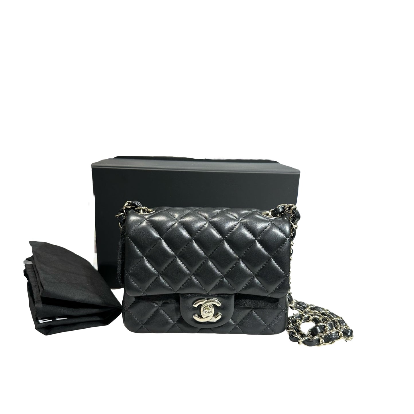 New Chanel Lambskin Leather Mini flap 17cm Cross Body Bag Black GHW