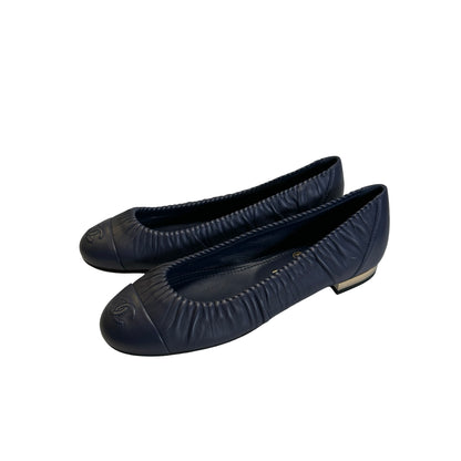 Used CHANEL Leather CC logo Ballet Flats Shoes Navy